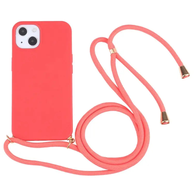 Wheat Straw TPU Shockproof Phone Case with Neck Lanyard For iPhone 15 Plus For iPhone 15 - For iPhone 15 Plus / Red