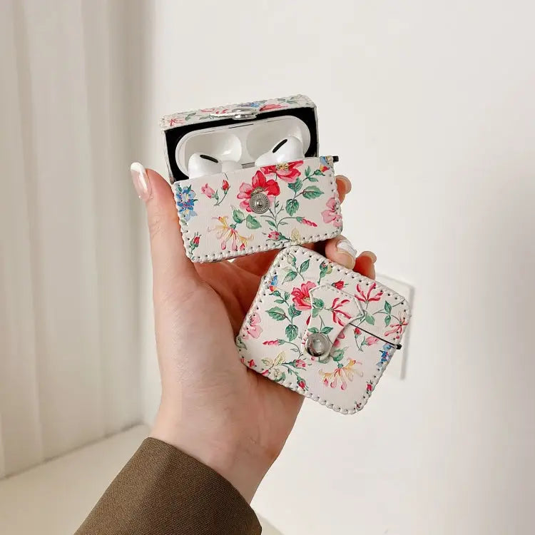 White Floral PU Leather Wireless Earphone Case For AirPods Pro 2 For AirPods 3 For AirPods Pro For AirPods 1/2 - Apple