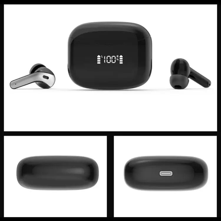 Wireless Touch Digital Display Bluetooth Earphone Black White - Black
