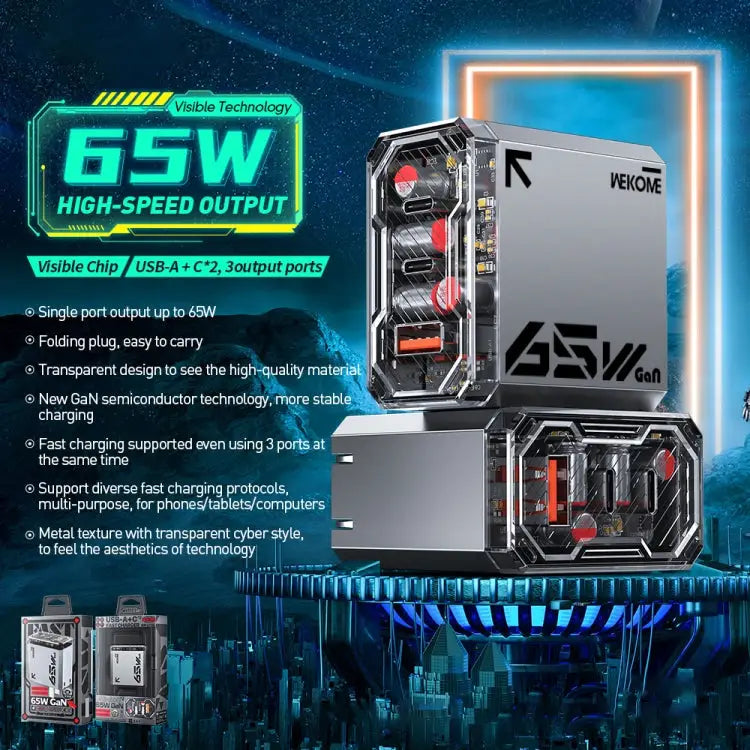 WK WP-U156 Pioneer Series 65W USB + Dual USB-C/Type-C GaN Charger WP-U156 - WP-U156 - Apple Accessories