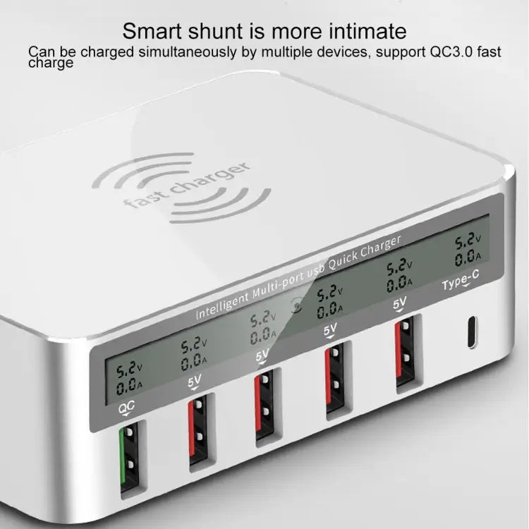 WLX-818F 6 in 1 10W QC3.0 Wireless Charging + USB-C / Type-C + 4 USB Ports Charger with Smart LCD Display Screen EU