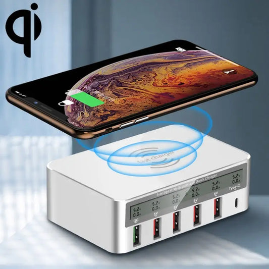 WLX-818F 6 in 1 10W QC3.0 Wireless Charging + USB-C / Type-C + 4 USB Ports Charger with Smart LCD Display Screen EU