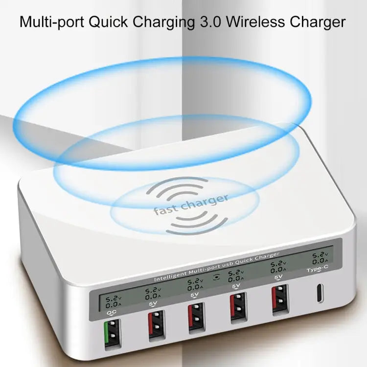WLX-818F 6 in 1 10W QC3.0 Wireless Charging + USB-C / Type-C + 4 USB Ports Charger with Smart LCD Display Screen EU