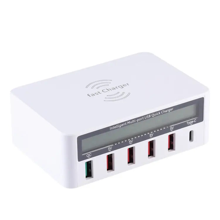 WLX-818F 6 in 1 10W QC3.0 Wireless Charging + USB-C / Type-C + 4 USB Ports Charger with Smart LCD Display Screen EU