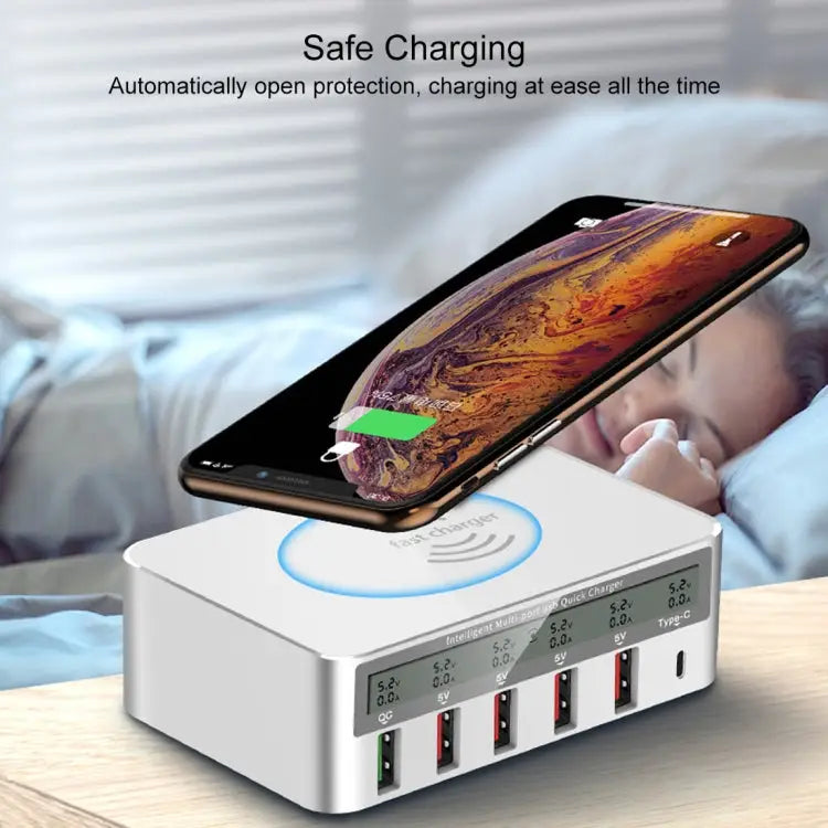 WLX-818F 6 in 1 10W QC3.0 Wireless Charging + USB-C / Type-C + 4 USB Ports Charger with Smart LCD Display Screen EU