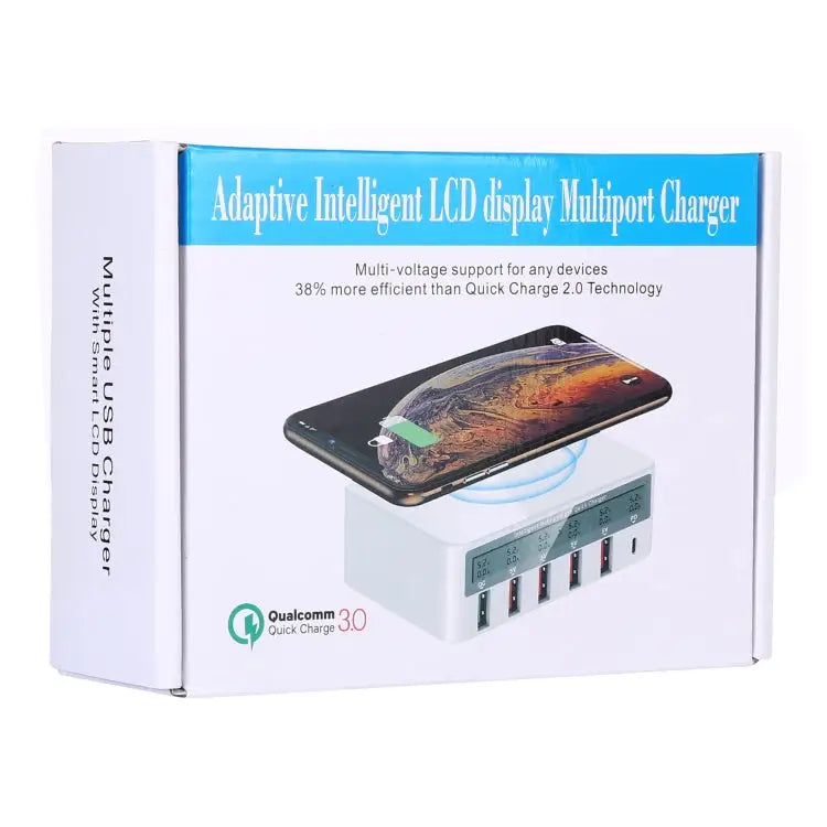WLX-818F 6 in 1 10W QC3.0 Wireless Charging + USB-C / Type-C + 4 USB Ports Charger with Smart LCD Display Screen EU