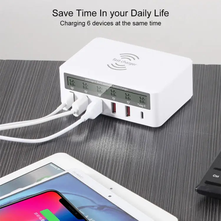 WLX-818F 6 in 1 10W QC3.0 Wireless Charging + USB-C / Type-C + 4 USB Ports Charger with Smart LCD Display Screen EU