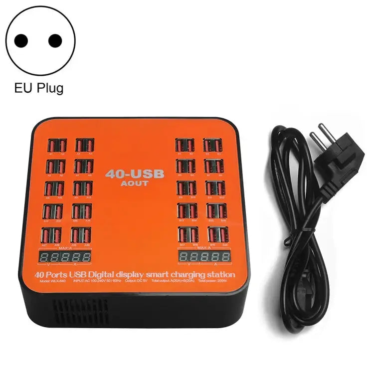 WLX-840 200W 40 Ports USB Digital Display Smart Charging Station AC100-240V EU Plug (Black + Orange) - EU Plug