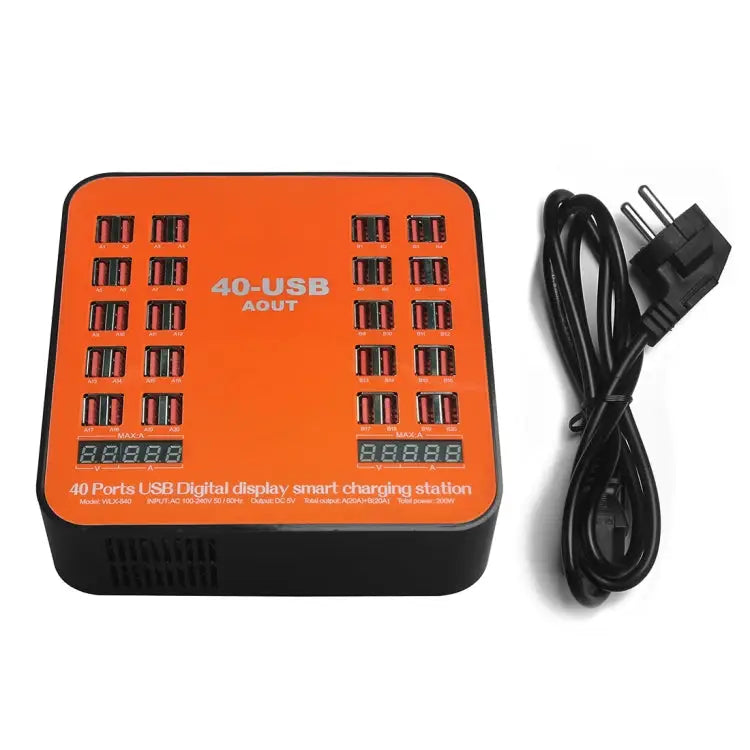 WLX-840 200W 40 Ports USB Digital Display Smart Charging Station AC100-240V EU Plug (Black + Orange) - EU Plug