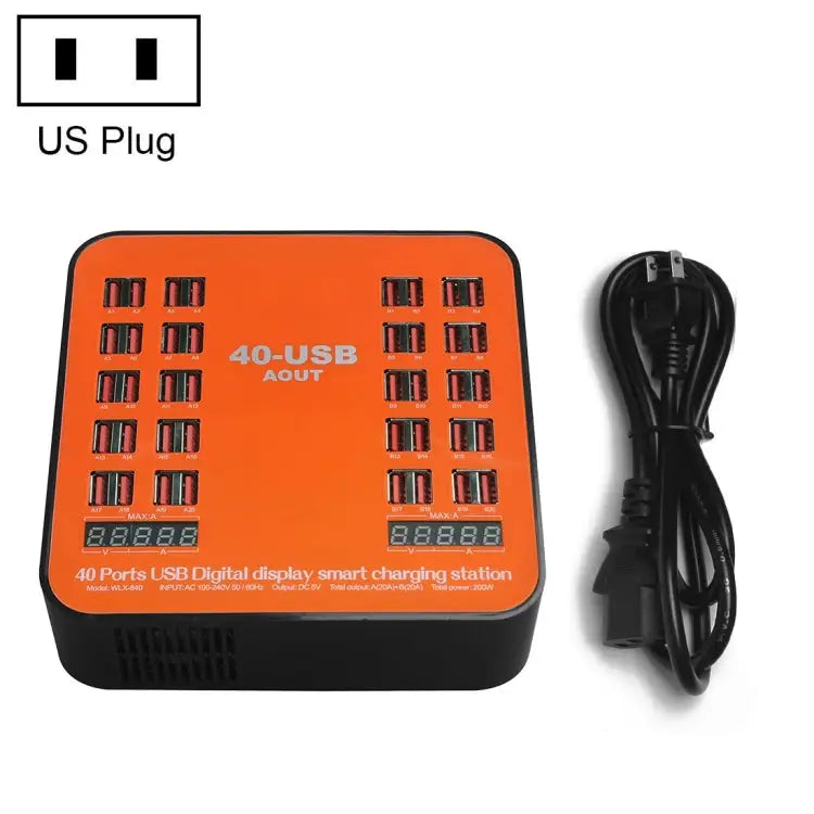 WLX-840 200W 40 Ports USB Digital Display Smart Charging Station AC100-240V US Plug (Black + Orange) - US Plug