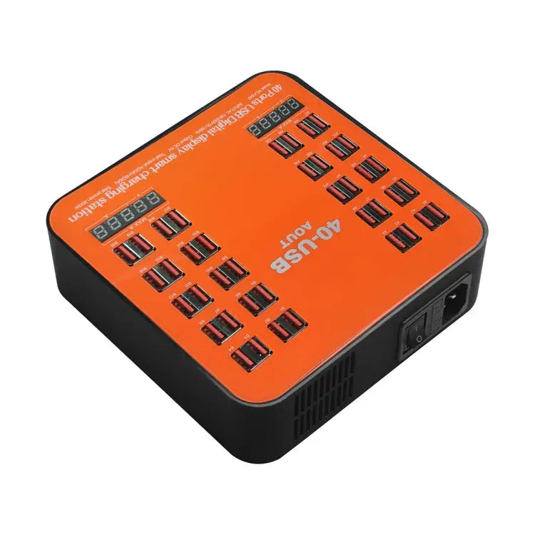 WLX-840 200W 40 Ports USB Digital Display Smart Charging Station AC100-240V EU Plug (Black + Orange) - EU Plug