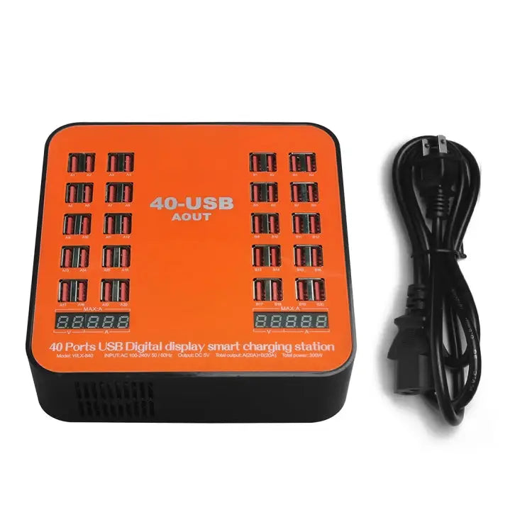 WLX-840 200W 40 Ports USB Digital Display Smart Charging Station AC100-240V US Plug (Black + Orange) - US Plug