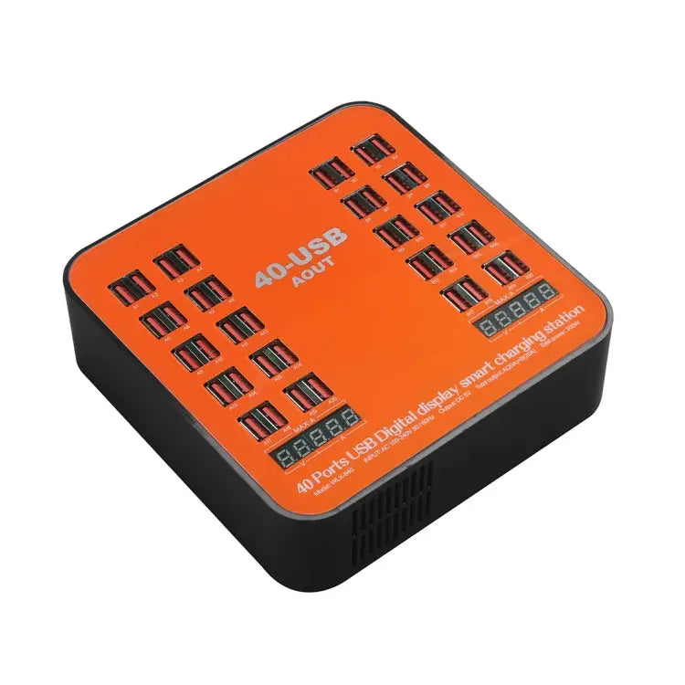 WLX-840 200W 40 Ports USB Digital Display Smart Charging Station AC100-240V EU Plug (Black + Orange) - EU Plug