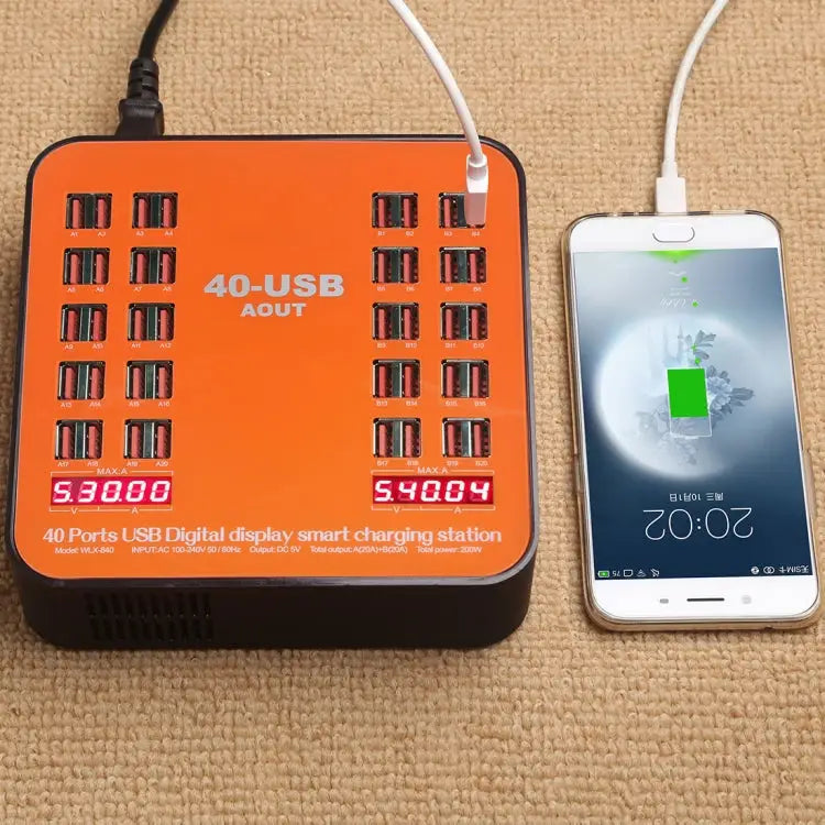 WLX-840 200W 40 Ports USB Digital Display Smart Charging Station AC100-240V EU Plug (Black + Orange) - EU Plug