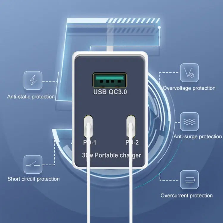 WLX-X3 36W 90 Degrees Foldable Pin Portable Multi-function USB Charger US Plug