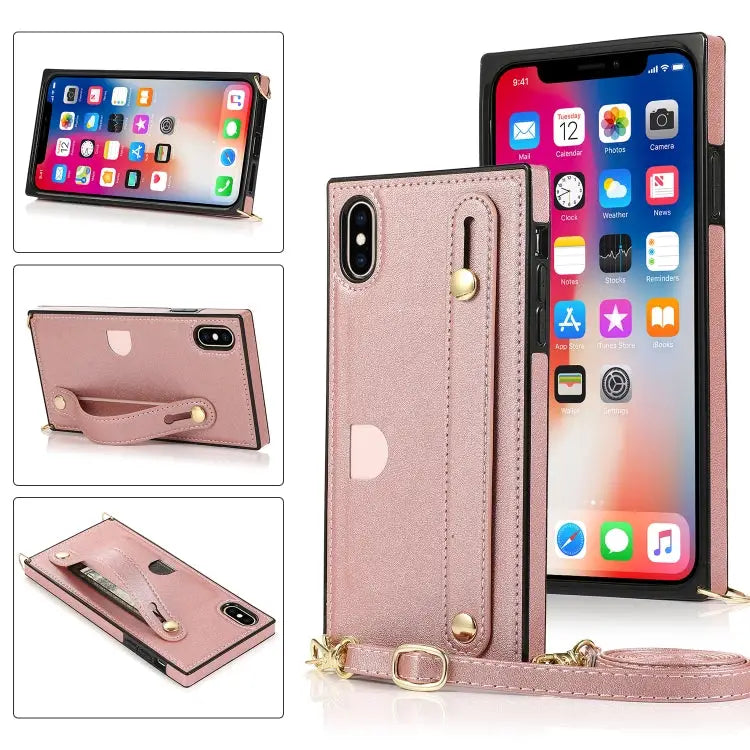 Wrist Strap PU + TPU Shockproof Protective Case with Crossbody Lanyard & Holder & Card Slot For iPhone XS / X