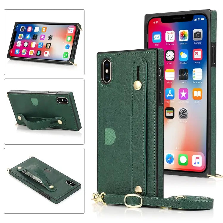 Wrist Strap PU + TPU Shockproof Protective Case with Crossbody Lanyard & Holder & Card Slot For iPhone XS / X