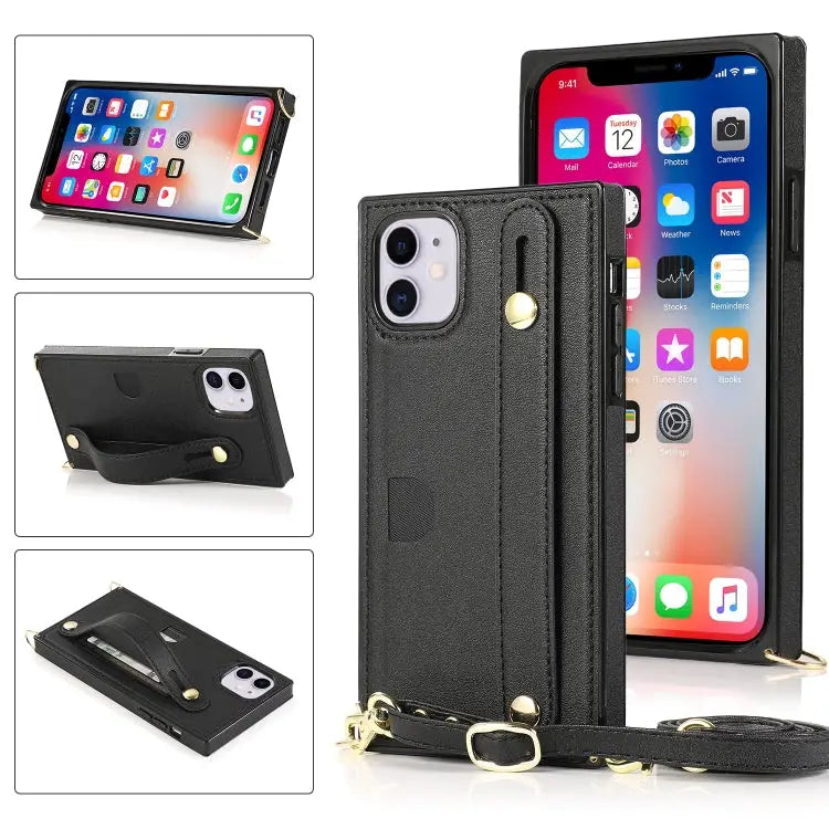 Wrist Strap PU + TPU Shockproof Protective Case with Crossbody Lanyard & Holder & Card Slot For iPhone XS / X