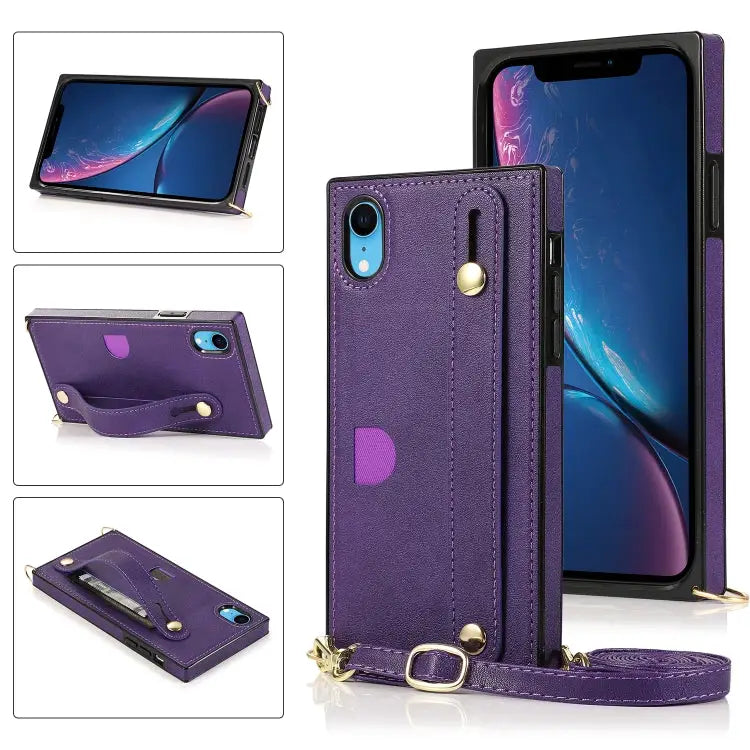 Wrist Strap PU + TPU Shockproof Protective Case with Crossbody Lanyard & Holder & Card Slot For iPhone XS / X