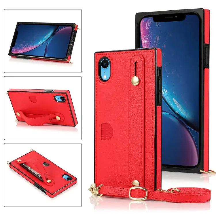 Wrist Strap PU + TPU Shockproof Protective Case with Crossbody Lanyard & Holder & Card Slot For iPhone XS / X