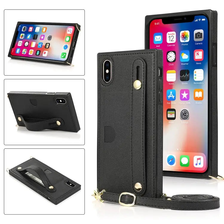 Wrist Strap PU + TPU Shockproof Protective Case with Crossbody Lanyard & Holder & Card Slot For iPhone XS / X