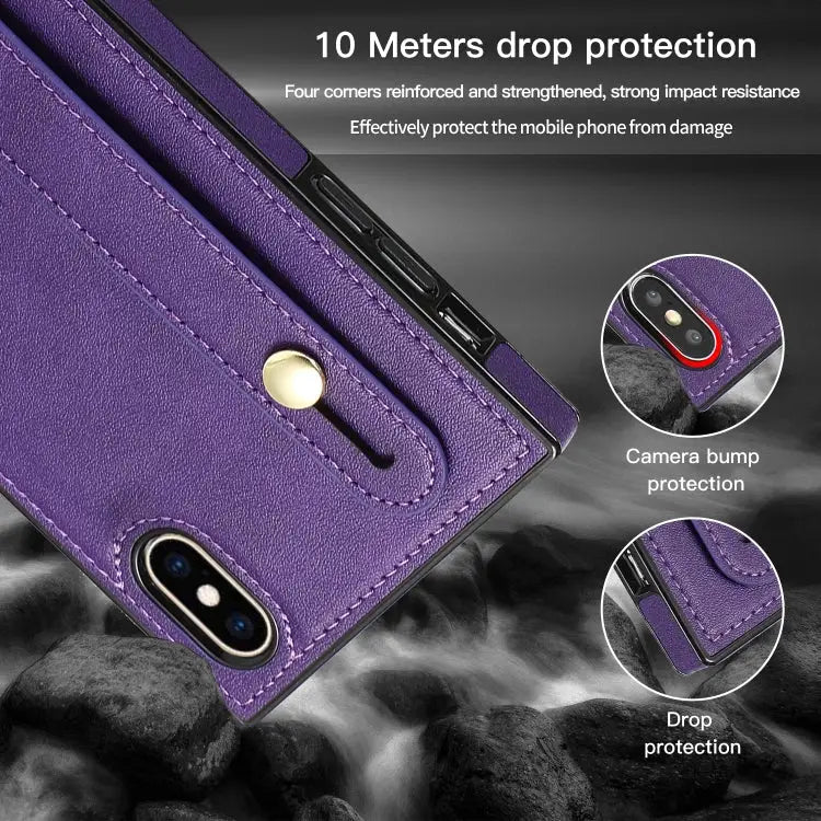 Wrist Strap PU + TPU Shockproof Protective Case with Crossbody Lanyard & Holder & Card Slot For iPhone XS / X