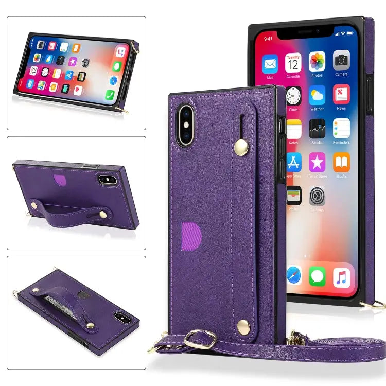 Wrist Strap PU + TPU Shockproof Protective Case with Crossbody Lanyard & Holder & Card Slot For iPhone XS / X