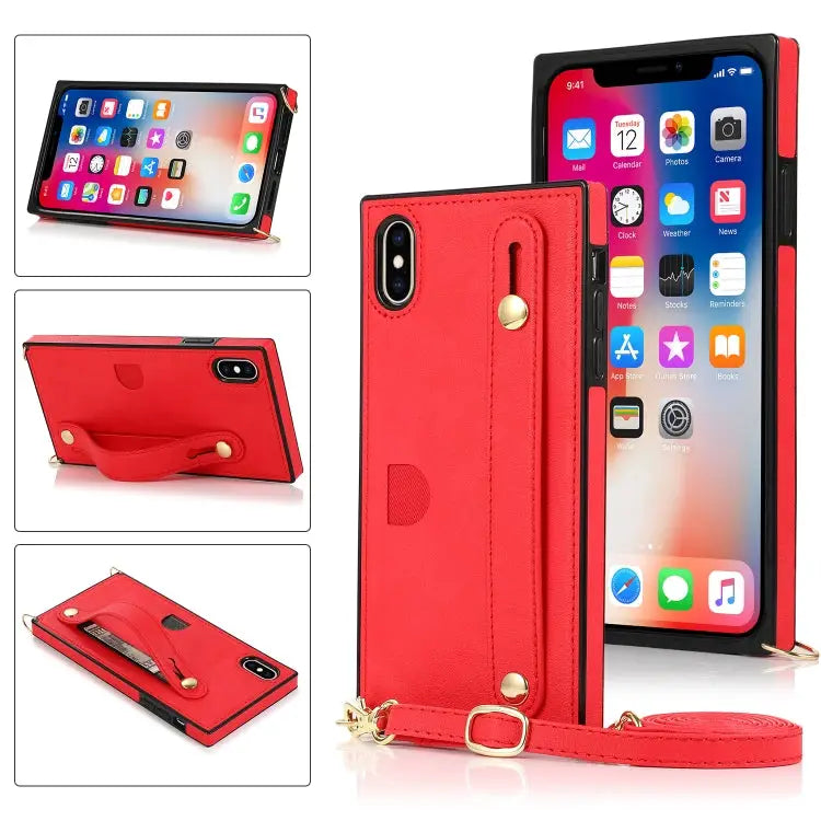 Wrist Strap PU + TPU Shockproof Protective Case with Crossbody Lanyard & Holder & Card Slot For iPhone XS / X