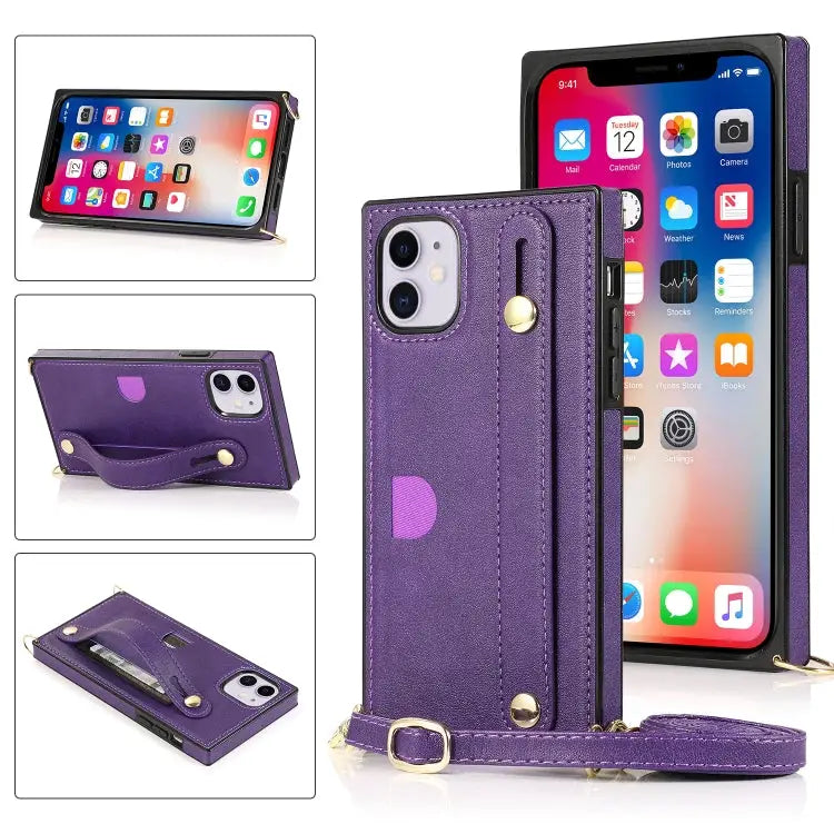 Wrist Strap PU + TPU Shockproof Protective Case with Crossbody Lanyard & Holder & Card Slot For iPhone XS / X