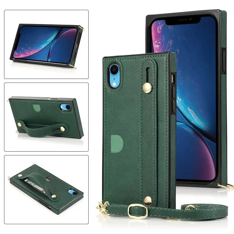Wrist Strap PU + TPU Shockproof Protective Case with Crossbody Lanyard & Holder & Card Slot For iPhone XS / X