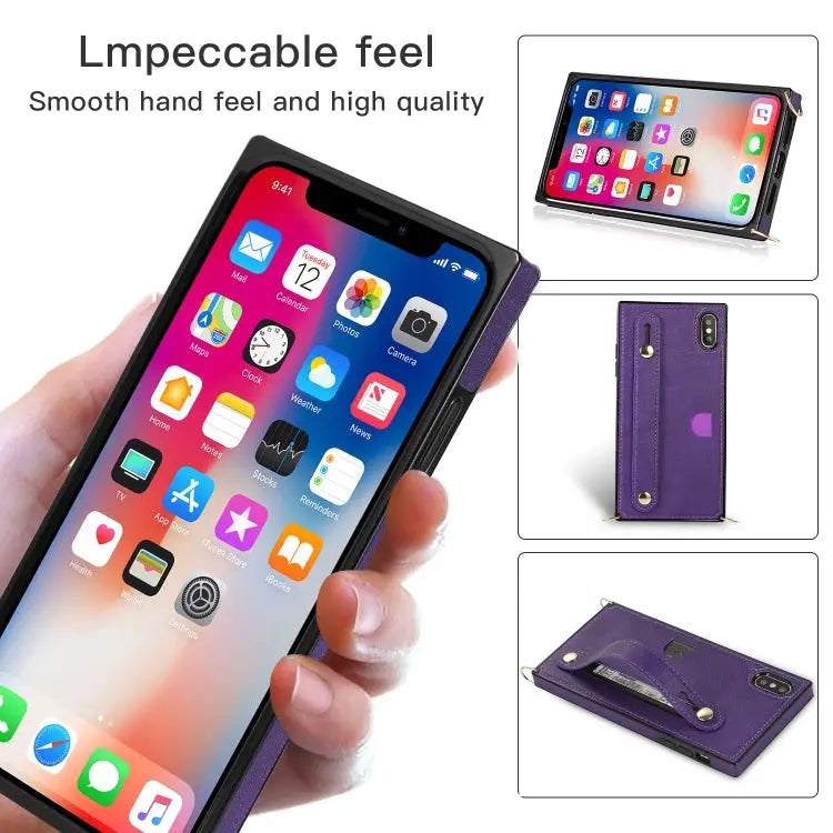 Wrist Strap PU + TPU Shockproof Protective Case with Crossbody Lanyard & Holder & Card Slot For iPhone XS / X