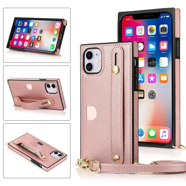 Wrist Strap PU + TPU Shockproof Protective Case with Crossbody Lanyard & Holder & Card Slot For iPhone XS / X