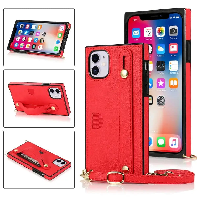 Wrist Strap PU + TPU Shockproof Protective Case with Crossbody Lanyard & Holder & Card Slot For iPhone XS / X