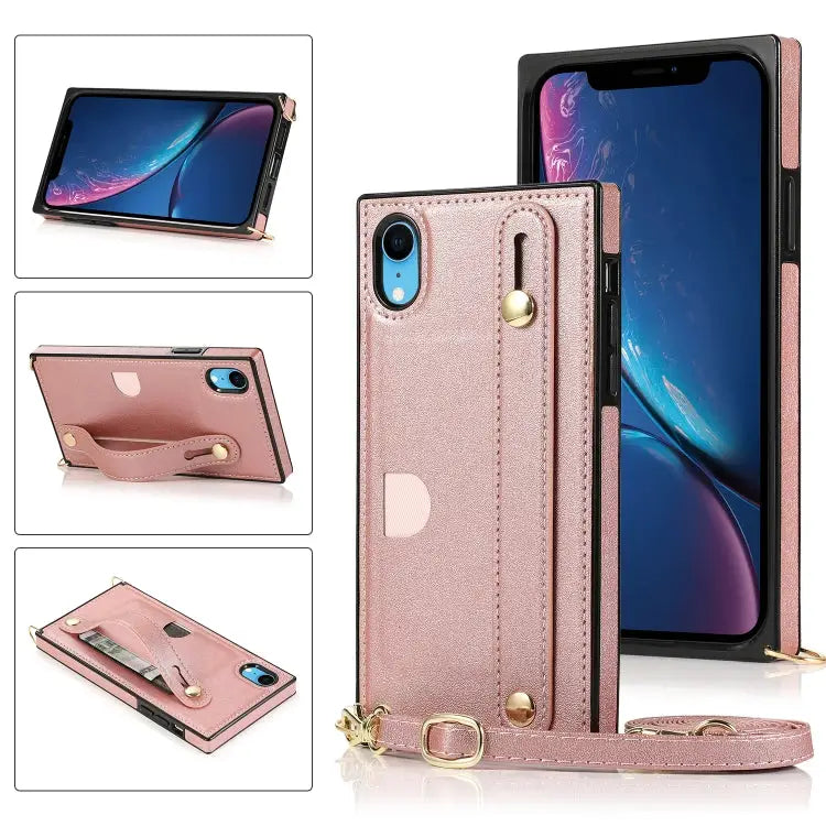 Wrist Strap PU + TPU Shockproof Protective Case with Crossbody Lanyard & Holder & Card Slot For iPhone XS / X