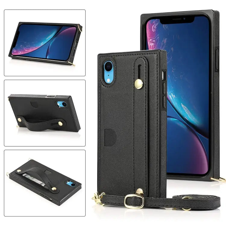 Wrist Strap PU + TPU Shockproof Protective Case with Crossbody Lanyard & Holder & Card Slot For iPhone XS / X