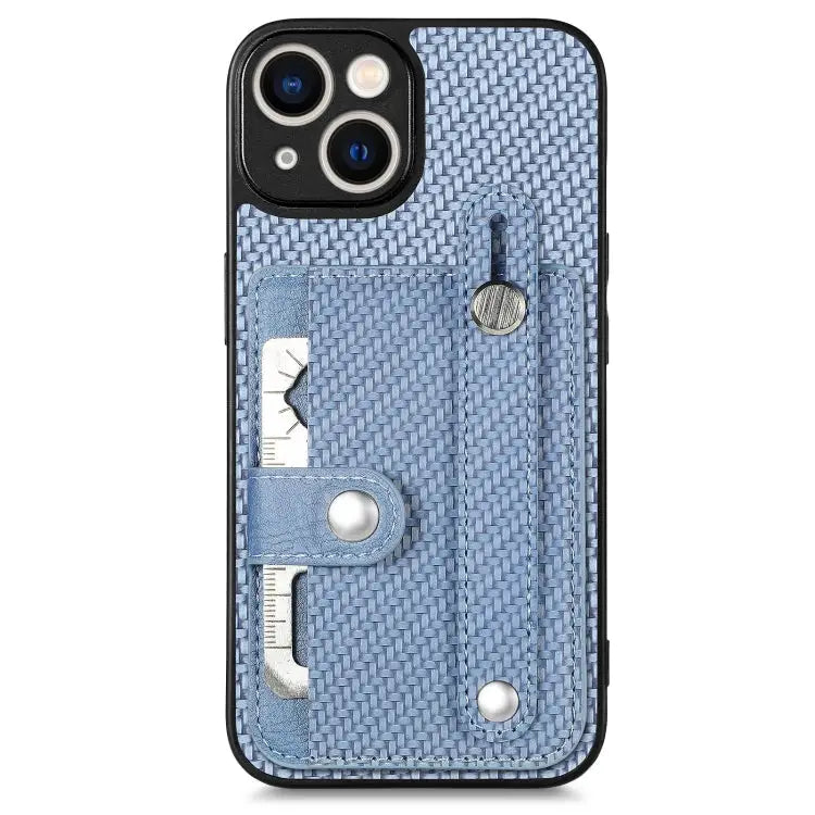 Wristband Kickstand Card Wallet Back Cover Phone Case with Tool Knife - For iPhone 14 / Blue - Apple Accessories
