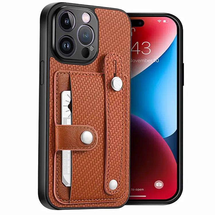 Wristband Kickstand Card Wallet Back Cover Phone Case with Tool Knife - For iPhone 14 Pro / Brown - Apple Accessories