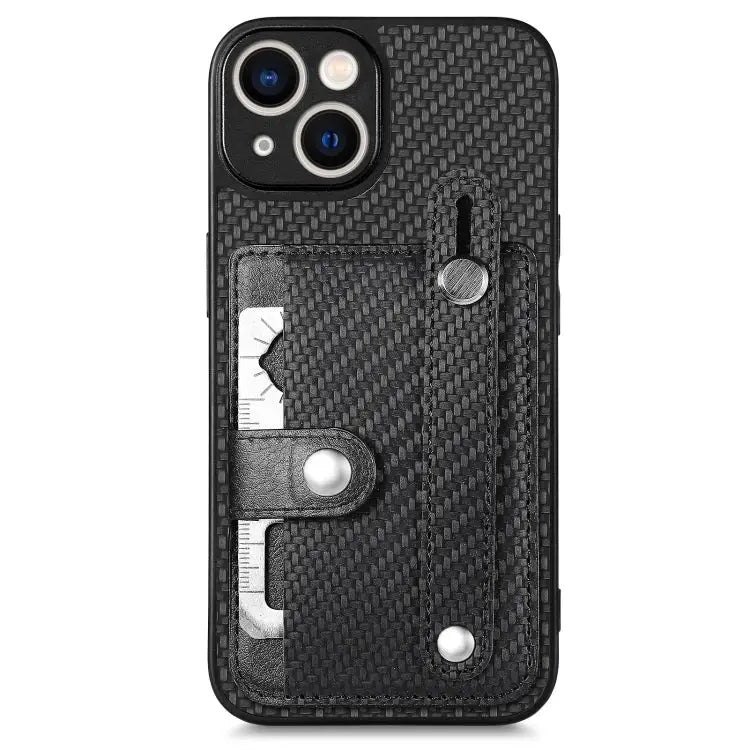 Wristband Kickstand Card Wallet Back Cover Phone Case with Tool Knife - For iPhone 14 / Black - Apple Accessories