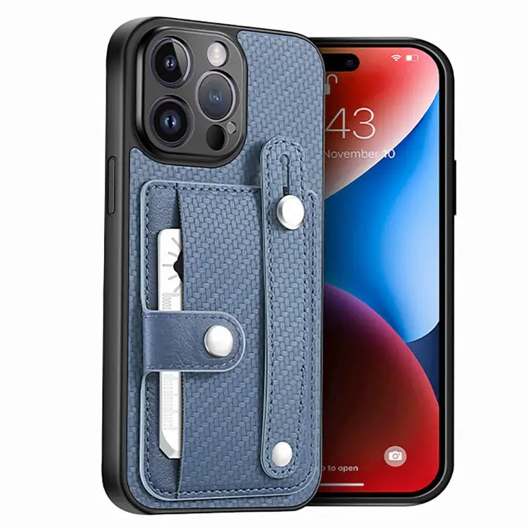 Wristband Kickstand Card Wallet Back Cover Phone Case with Tool Knife - For iPhone 14 Pro / Blue - Apple Accessories