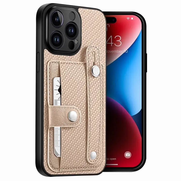 Wristband Kickstand Card Wallet Back Cover Phone Case with Tool Knife - For iPhone 14 Pro Max / Khaki - Apple
