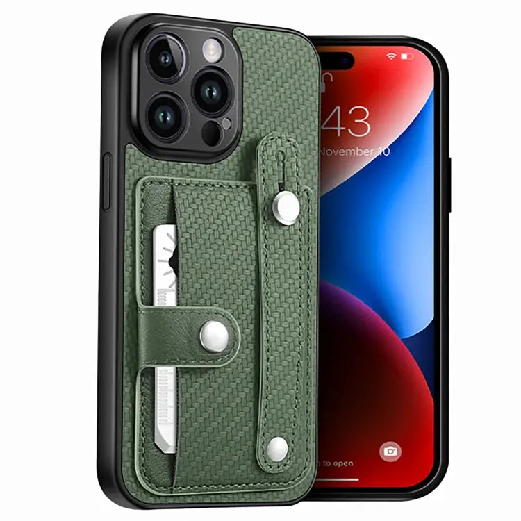 Wristband Kickstand Card Wallet Back Cover Phone Case with Tool Knife - For iPhone 14 Pro / Green - Apple Accessories