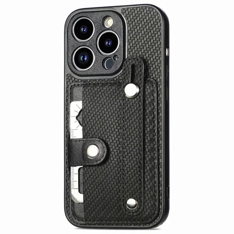 Wristband Kickstand Card Wallet Back Cover Phone Case with Tool Knife - For iPhone 14 Pro / Black - Apple Accessories