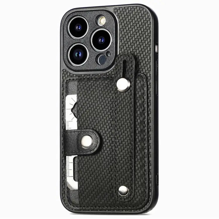 Wristband Kickstand Card Wallet Back Cover Phone Case with Tool Knife - For iPhone 14 Pro Max / Black - Apple