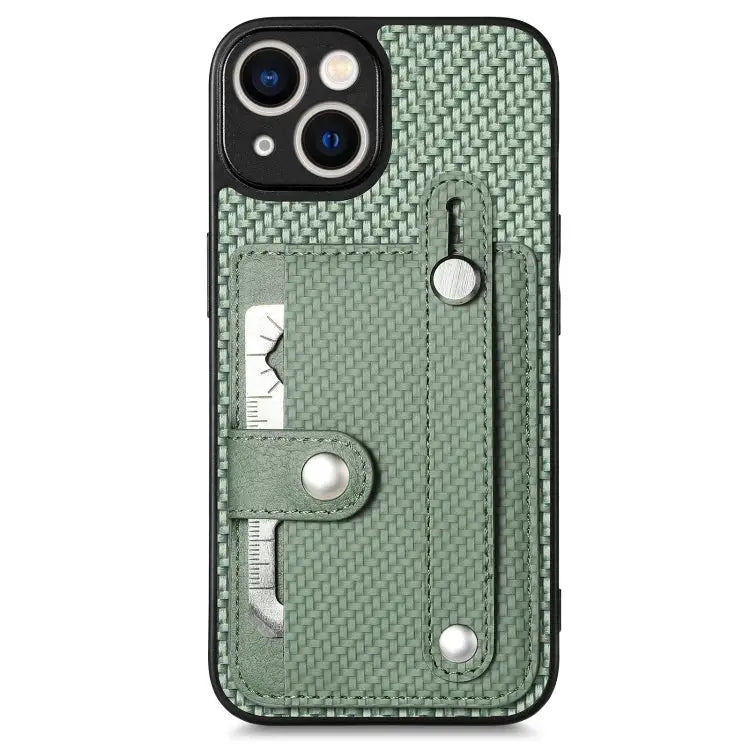 Wristband Kickstand Card Wallet Back Cover Phone Case with Tool Knife - For iPhone 14 Plus / Green - Apple Accessories