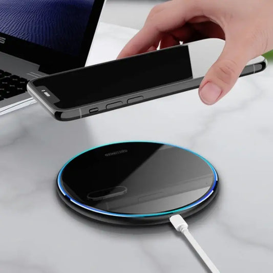 X8 15W QI Round Acrylic Mirror Wireless Charger - Black