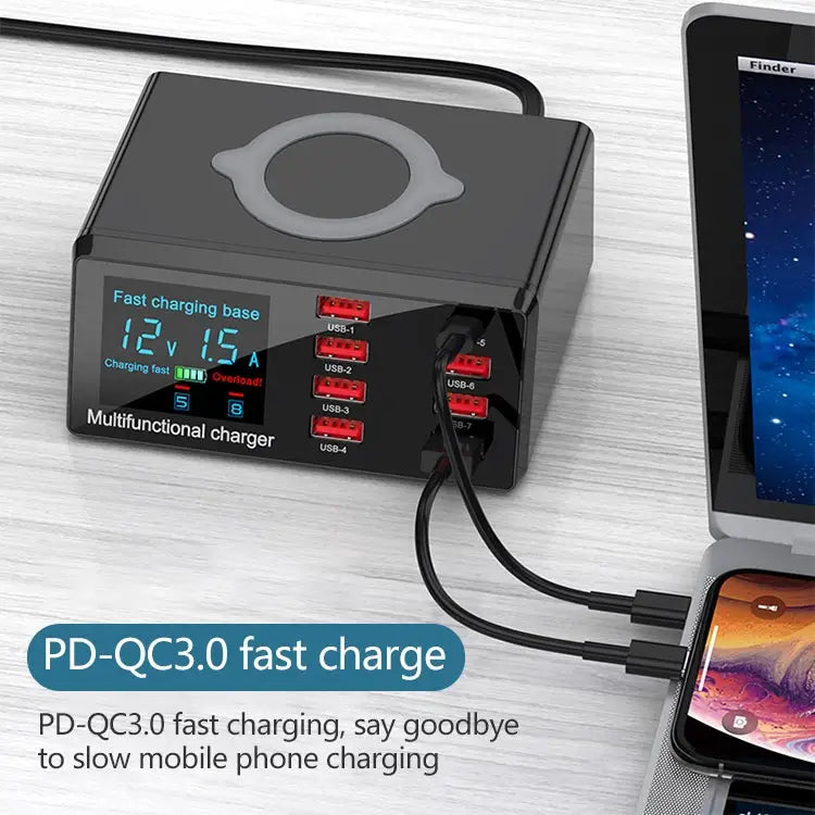X9 9 in 1 QC 3.0 USB Interface + 6 USB Ports + PD 65W Ports + QI Wireless Fast Charging Multi-function Charger with LED