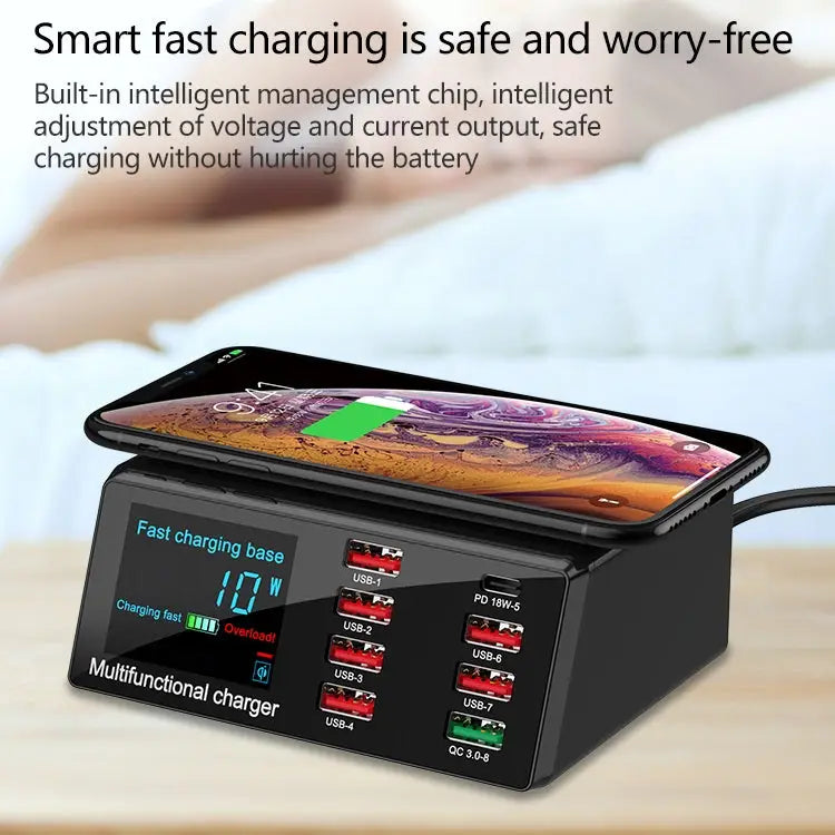 X9 9 in 1 QC 3.0 USB Interface + 6 USB Ports + PD 65W Ports + QI Wireless Fast Charging Multi-function Charger with LED
