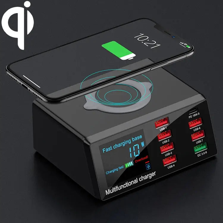 X9 9 in 1 QC 3.0 USB Interface + 6 USB Ports + PD 65W Ports + QI Wireless Fast Charging Multi-function Charger with LED