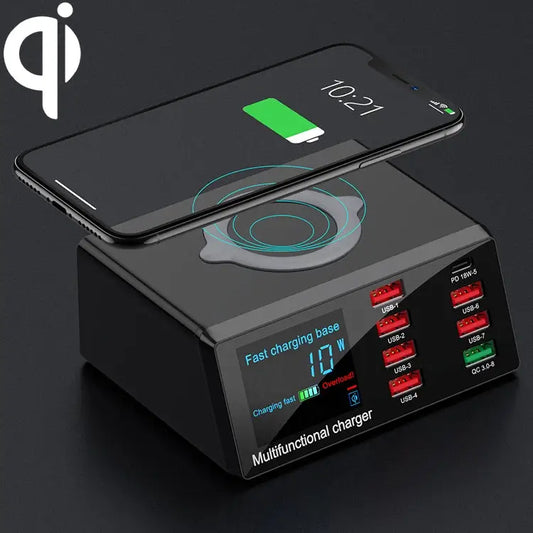X9 9 in 1 QC 3.0 USB Interface + 6 USB Ports + PD 65W Ports + QI Wireless Fast Charging Multi-function Charger with LED