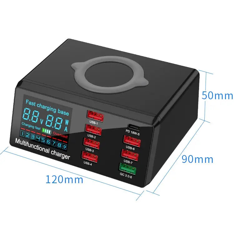 X9 9 in 1 QC 3.0 USB Interface + 6 USB Ports + PD 65W Ports + QI Wireless Fast Charging Multi-function Charger with LED